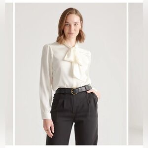 Ivory Washable Bow Silk Blouse size L